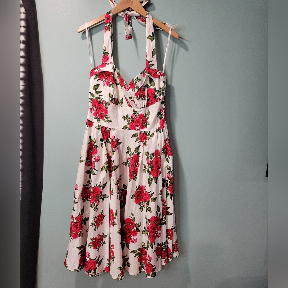 Hell Bunny Retro Vintage Floral Rose Pinup Halter Dress Size XL